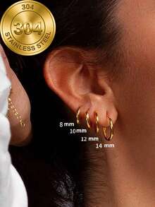 8pcs Solid Stainless Steel Round Hoop Earrings Set, Unisex, Stackable, 18K Gold Plated Mini Cartilage Hoops - Multicolor - View 2