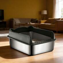 Caja de arena para gatos de acero inoxidable (con tapa) - Caja de arena para gatos de metal abierta, diseño de bordes altos, antiadherente y fácil de limpiar; Incluye pala recogedora; Diseñado especialmente para gatitos - S - Ver 10