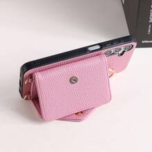 1个优雅荔枝纹PU皮革翻盖卡包钱包式手机壳，带指环支架和镜子，兼容三星Galaxy S26、S25 Edge、S24、S23、S22、S21、S20 FE、Note 20 Ultra、A17、A16、A15、A07、A52、A53、A54、A25 5G，国际版，非国内版 - 粉色 - 查看 5