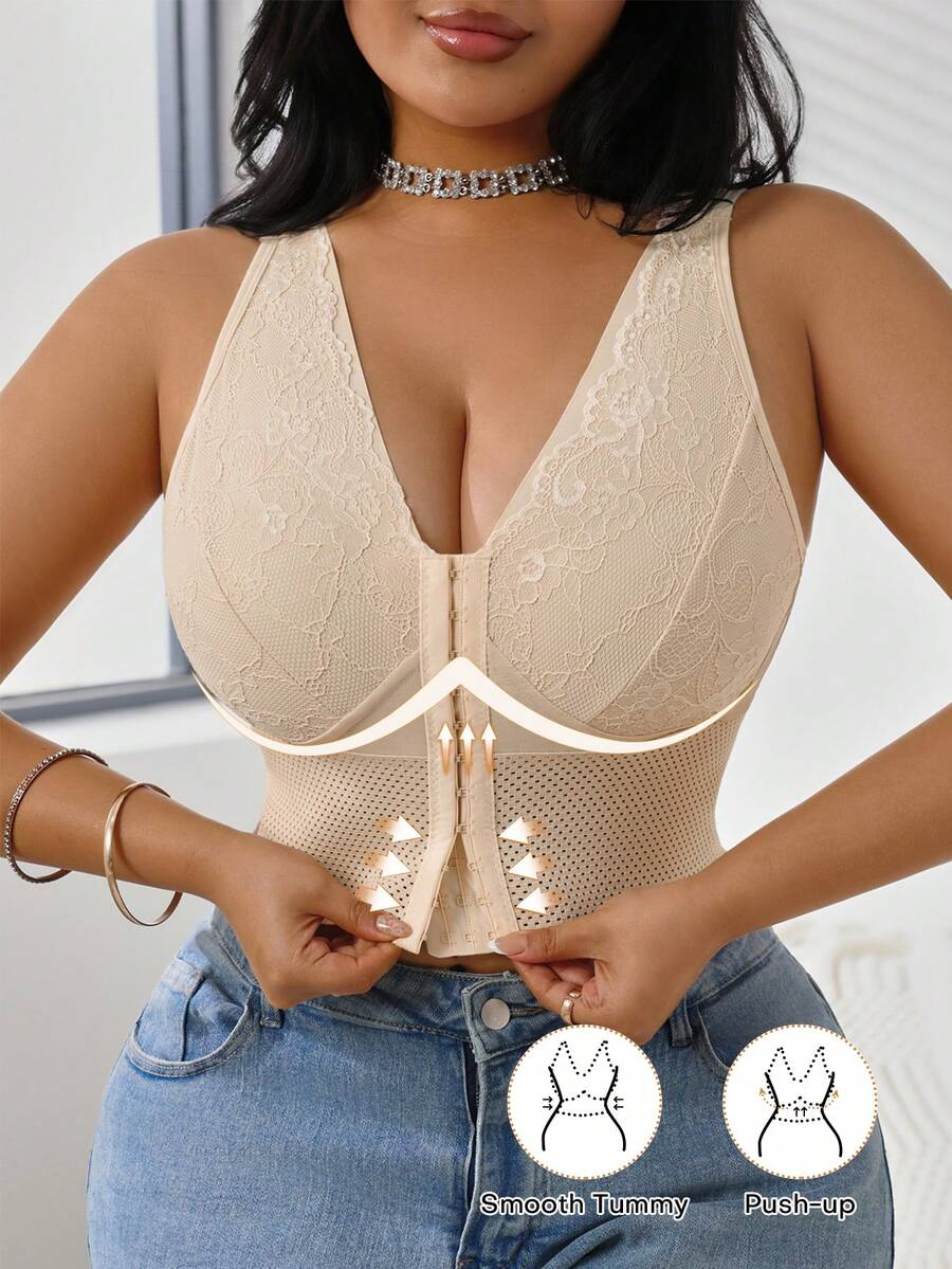 Modelador de Cintura com Fechamento Frontal Plus Size, Sutiã de Renda Sexy com Fechamento Frontal, Sutiã-Corselet sem Arame e Sem Enchimento, Modelador Slim para Mulheres - Damasco - Visão 1