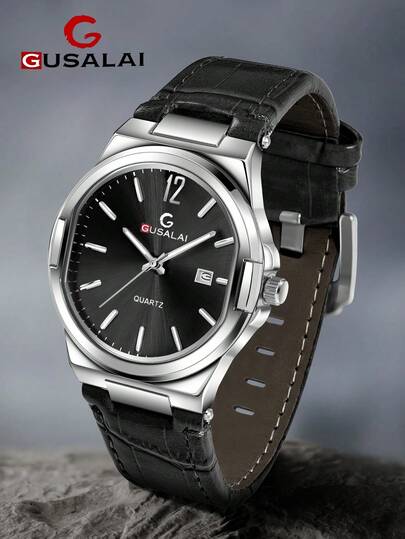  GUSALAI 男士石英表，复古八角形表盘，商务休闲皮表带，带日历功能，适合日常生活、节假日、圣诞节及年末礼物。