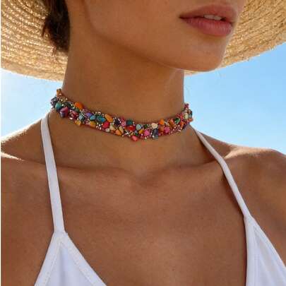 1件女士小众设计配饰，彩色宝石马赛克镶嵌水钻，欧美度假风项链