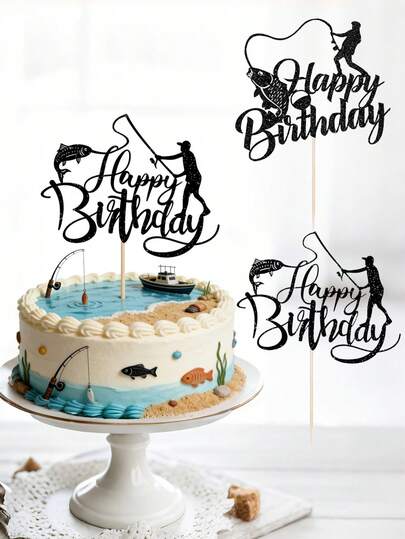 钓鱼主题蛋糕装饰，钓鱼派对装饰，户外钓鱼蛋糕装饰，黑色闪光蛋糕装饰，适合男孩女孩生日派对，生日蛋糕装饰