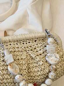 Dedoo 乡村度假风草编包，夏季云朵造型草编腋下包，配串珠链条，可爱小巧的单肩包，独特的夏季度假风，适合约会、旅行、咖啡馆等场合。 - 米色 - 查看 5