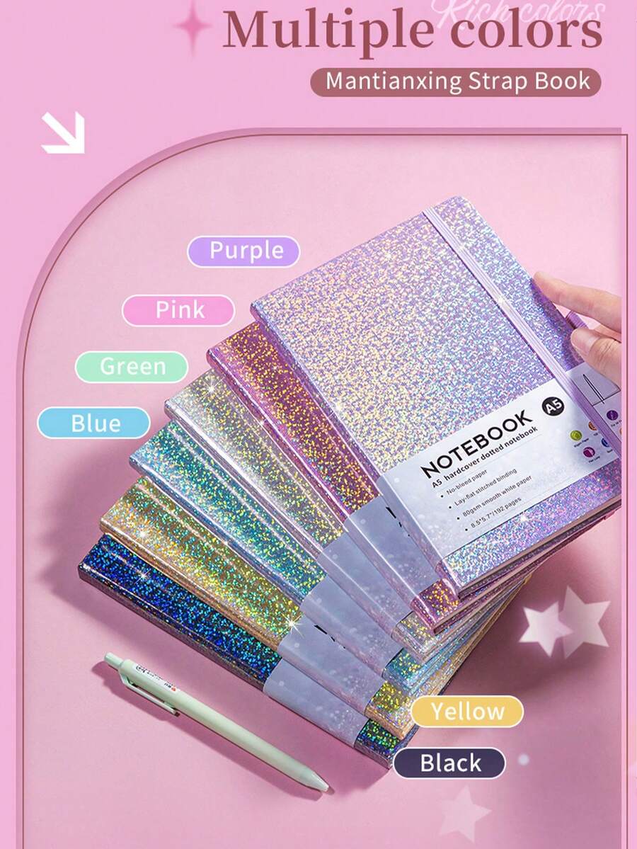 1pc A5 Notebook With Starry Sky Binding Strap, PU Leather Cover, Business Office Notebook With Pen Holder And Elastic Band - A5 - View 1