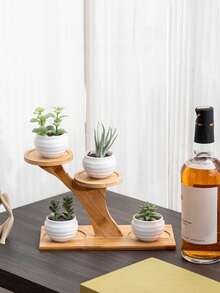 1pc Bamboo Planter Tray, Suitable For Succulent Plant Decor - Apricot - View 1
