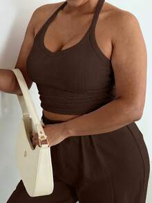 Plus Size Sexy Minimalist Ribbed Spaghetti Strap Fitted Camisole For Daily, Commute, Street, Date, Sports Wear Casual Summer - Coffee Brown - View 7