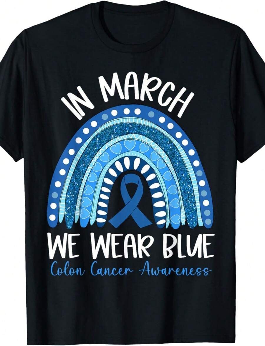 In March We Wear Blue Ribbon Rainbow Colon Cancer Awareness T-Shirt - 黑色 - 查看 1