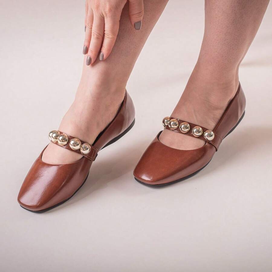 Women's Cow Print Ballet Flats With Square Toe, New Arrival With Beads - wysk mới - Xem 1