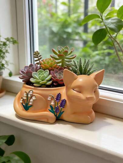 1pc Cartoon Reclining Cat Planter, Resin Material, Home Living Room Tabletop Decor, Funny Desktop Ornament, Creative Home & Outdoor Gardening Succulent Flower Pot With Drainage Hole, Ideal For Succulent Collectors