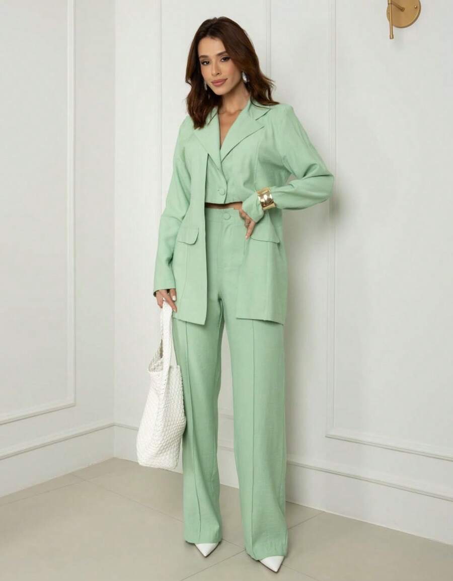 Women's Premium Blazer And Pants Set - Mint Green - View 1
