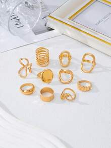 10pcs/Set Asymmetrical Vintage Coin Style Rings Set, Geometric Open Rings, Versatile Accessories For Women Suitable For Daily, Dates, Gatherings - Gold - View 2
