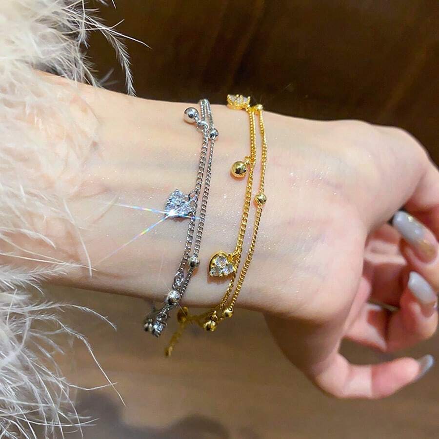 1 pieza Pulsera con colgante de corazón de circonita artificial chapada en oro de 18K - Pulsera de corazón - Ver 1