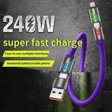 四合一铝合金快充线，液态硅胶发光耐用数据线，带USB/Type-C/Lightning接口，高效数据传输，兼容 17/16/15/14/13/12/11/Xs/Xr/8/7/6、S24 Ultra/S24/S23 Ultra/S23/S22/S21等机型。 - 紫色 - 查看 2