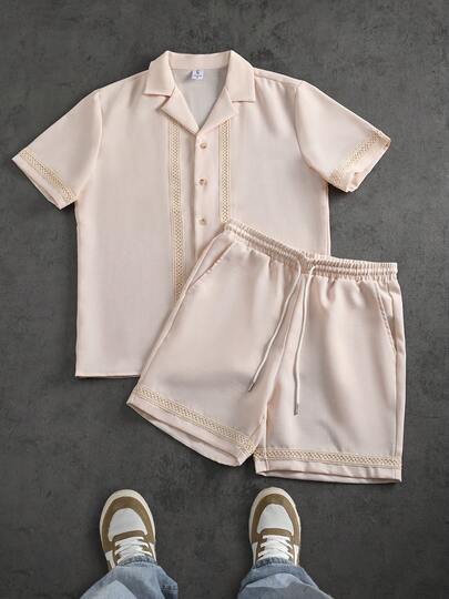 Men's Summer Suit, Collared Short Sleeve Button-Up Shirt With Hollow Lace Trim Decoration, Drawstring Waist Slant Pocket Shorts, 2-Piece Casual Set