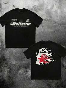 Printed T-Shirt Cotton Plus Size Men's Clothing, (220 Cotton T-Shirt Double-Sided Printing) 1pc Flame & Star Graphic T-Shirt, Y2K, Streetwear, Digital Print T - Shirt Casual Comfort Cotton Tee For Spring & Summer Fall Men's Clothing, Halloween Gift,Unisex ,Y2K,Oversized Shirt Men,Summer Tops - 黑色 - 查看 1