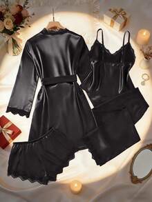 五件套纯色缎面蕾丝拼接睡衣套装，包括长袖睡袍、V领吊带衫、短裤、长裤和腰带，女士优雅睡衣家居服 - 黑色 - 查看 3