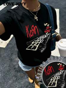 LOVE JOYY Korn Element Follow The Leader Hopscotch Pattern 女款新款T恤，街头朋克摇滚乐队女孩休闲上衣，适合摇滚乐队派对、春夏日常穿着 - 黑色 - 查看 1