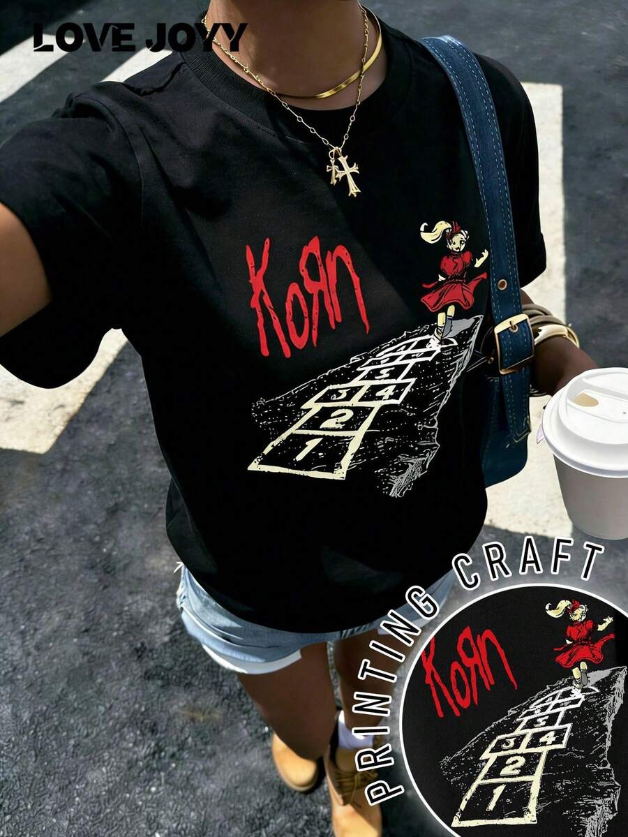 LOVE JOYY Korn Element Follow The Leader Hopscotch Pattern 女款新款T恤，街头朋克摇滚乐队女孩休闲上衣，适合摇滚乐队派对、春夏日常穿着 - 黑色 - 查看 1
