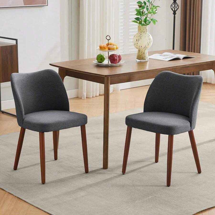 Silla para Comedor moderna Set de 2 Unidades, Silla de cocina tapizada con Tela Duradera de Cuero PU (Textura Lino) con asiento acolchado para Mayor Confort, Silla para Comedor Estilo Mid - Century con patas de madera, ideal para Sala de Estar, Restaurantes y Cafés - Tela de lino - Gris oscuro - Ver 1