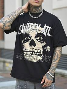 Men's Vintage Skull & Gothic Letter Print Casual Round Neck Short Sleeve Graphic T-Shirt, Breathable Comfortable Summer Wear - Black - View 1