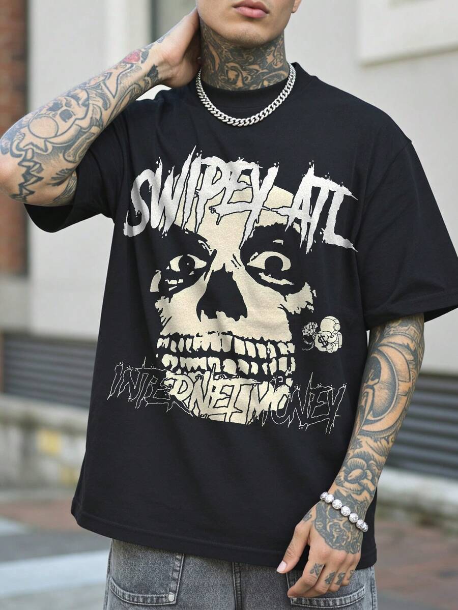 Men's Vintage Skull & Gothic Letter Print Casual Round Neck Short Sleeve Graphic T-Shirt, Breathable Comfortable Summer Wear - Black - View 1