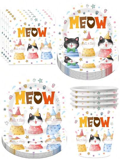 10pcs Pet Birthday Party Tableware Disposable Paper Plates Paper Cups Paper Towels Pet Kitten Cat Theme Party Supplies Set Camping Party Banquet Birthday Party Supplies Camping