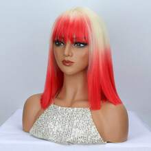 短款波波头合成假发，卷刘海，100%耐热纤维，适合角色扮演和派对。 - 粉色 - 查看 4