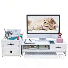 Soporte Monitor y Organizador Escritorio,Mesa de Ordenador con Cajones de Almacenamiento,Soporte para Pantalla de Computadora de 2 Niveles, para Hogar, Oficina, Escuela,Escritorio Gamer - Ver 1