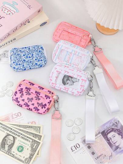 1件装可爱蝴蝶结樱桃图案蝴蝶结腕包时尚腕包多层零钱包迷你开口红包时尚豹纹图案卡包可爱樱桃图案名片夹双拉链钱包可拆卸钥匙扣卡包适合旅行、购物、通勤、跑步、散步婚礼伴侣礼物妈妈礼物女性生日礼物