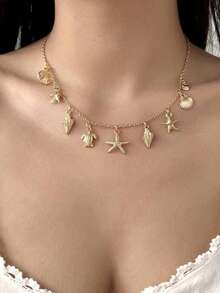 1件波西米亚风随机海星、贝壳、海龟吊坠项链，适合夏季海滩度假佩戴，可作礼物 - 金色 - 查看 2