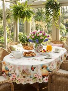 1pc Vintage Floral Tablecloth With Lace Trim, Watercolor Bird, Butterfly, Tulip, Cherry Blossom Print, Waterproof And Stain-Resistant Polyester Tablecloth, Washable For Restaurant Decor, Suitable For Kitchen, Patio, Spring Home And Mother's Day Party - Multicolor - View 12