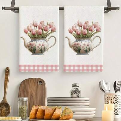 2条郁金香图案印花厨房毛巾，餐巾，乔迁礼物，送给朋友、妈妈的贴心礼物，生日礼物