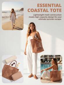 多功能网眼沙滩包，收纳包，单肩包，大容量东南亚风沙滩包，海边旅行包，水上活动收纳包。适用于健身房收纳、海滩娱乐、旅行、购物等场合。 - 彩色 - 查看 1