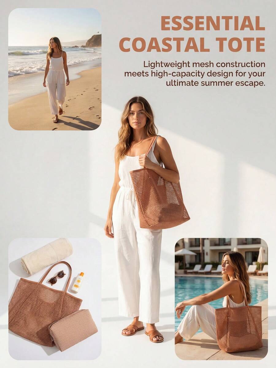 多功能网眼沙滩包，收纳包，单肩包，大容量东南亚风沙滩包，海边旅行包，水上活动收纳包。适用于健身房收纳、海滩娱乐、旅行、购物等场合。 - 彩色 - 查看 1