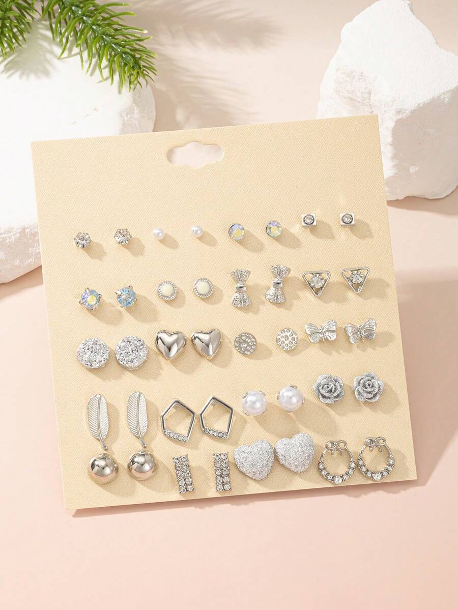 20 Pairs Of Irregular Geometric Cute Flower-Shaped Heart-Shaped Butterfly Multi-Element Earrings. Suitable For Daily Wear, Casual Outings Or Parties. Fashionable Ladies' Exquisite Earrings. - Silver - View 1