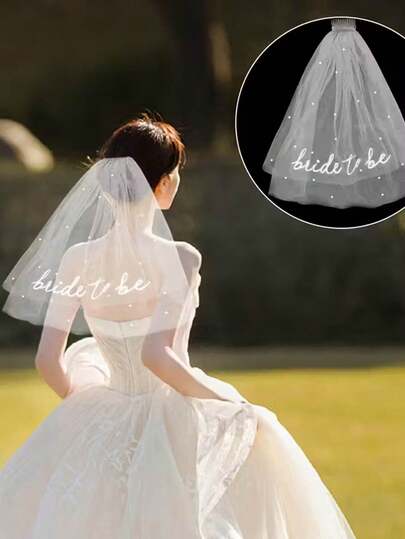 1pc Pearl Decor Bachelorette Party Bridal Veil, White Double-Layer Letter Veil With Comb, Bridal Shower Veil, Bridal Veil, Can Be Used As Photo Prop, Romantic Style, Bridal Party Accessory, Essential Wedding Decor