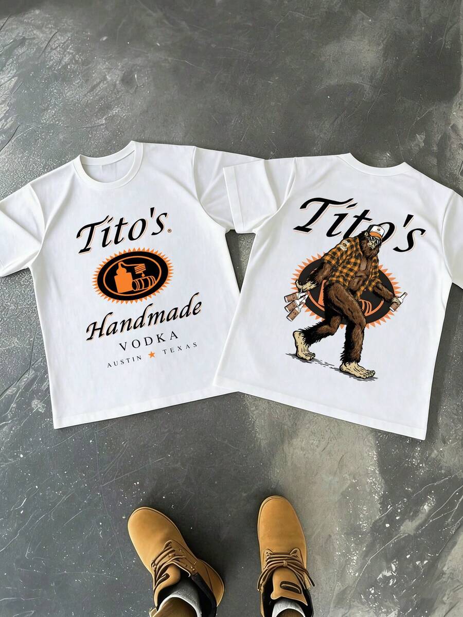 1 PCS Tito's Handmade Vodka Bigfoot Graphic T-Shirt, Texas Country Party Tee, 100% Cotton Unisex Short Sleeve For Vodka Fans, Perfect Gift For Friends - 白色 - 查看 1