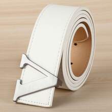 1 pieza Cinturón ancho de moda estilo coreano blanco con hebilla lisa, cinturón de cuero PU con forma de V y letras para primavera/verano unisex, regalo para novio, cinturón para pantalones - Blanco - Ver 6