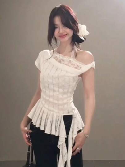 不对称蕾丝露肩短袖T恤，修身女式上衣，夏季新款休闲款