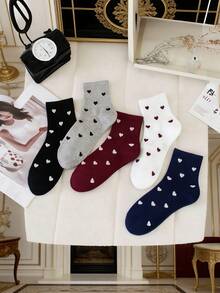 5 Pairs Heart Pattern Mid-Calf Socks, Simple High Elasticity, Moisture-Wicking, Breathable, Sports Casual Socks, Randomly Shipped - Multicolor - View 2