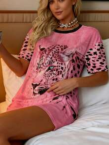 Women's Leopard Print Nightgown, Comfortable Choice For Nighttime, Round Neck T-Shirt Style Sleepwear - Pink - View 4