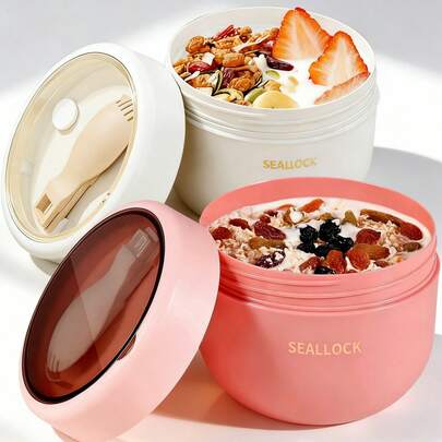 1pc Breakfast Cup With Lid And Spoon, Oatmeal Cup With Spoon, Sealed Oatmeal Container, Portable Breakfast Container, Reusable Breakfast Cup, Suitable For Fruit, Pudding, Yogurt, Salad, Milk, Soup And More, Ideal For Home, School, Office, Travel And Outdoor Picnic