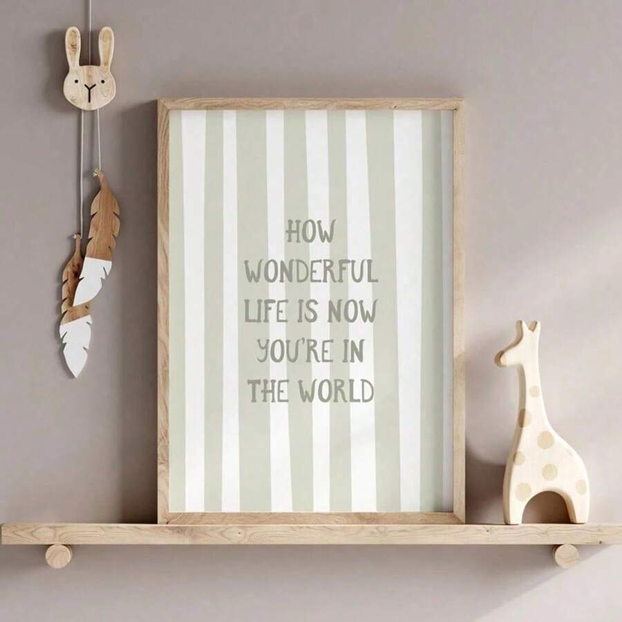 1pc Framed/Unframed Green "Life Is So Beautiful" Decorative Canvas Poster, Minimalist Style, Suitable For Nursery, Kids Room, Game Room, Modern Home Decor - Multicolor - View 1