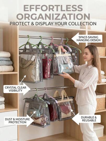 1个透明防尘袋，透气防潮防水悬挂式收纳袋，手提包保护袋