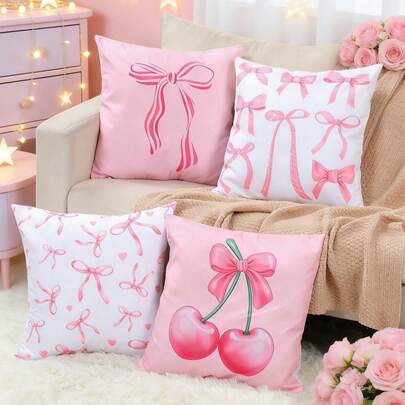 4件装粉色天鹅绒蝴蝶结抱枕套，柔软桃皮绒面料，单面印花，适合生日派对装饰、16岁生日礼物、新娘送礼会装饰，可机洗，适用于客厅、沙发、家居装饰、卧室、派对礼品、婴儿派对（不含枕芯）