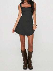 Elegant Fashion Ruffle Strap Bow Design Lace Patchwork Sleeveless Slim Fit Mini Dress Party - 黑色 - 查看 6