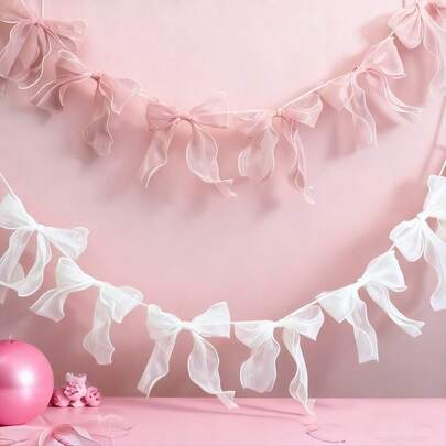 1 Set Pink & White Bow Party Decorations, Bow Garland Decor, Suitable For Party, Holiday, Birthday, Wedding, Engagement, Fireplace And Wall Decor, Bow Streamer Set, Wedding And Birthday Party Decorations, Party Decor, Garden And Yard Ambiance Decor, Valentine's Day, Mother's Day, Wedding Setup, Graduation Season (Includes 15 Bows And Threaded Needles)