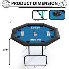Mesa plegable de póquer octágono con almohadilla antideslizante y diseño plegable de Texas, soportes de copa de plástico/acero inoxidable para 8 jugadores, mesa plegable de blackjack ideal para fiestas en casa y noches de cartas - vaso de plástico azul - Ver 2