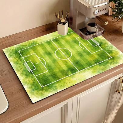 1pc Football Theme Field Background Absorbent Drying Mat, Kitchen Decor Coffee Machine Mat, Handmade Coffee Pot Draining Mat, Kitchen Floor Mat, Dining Table Mat, Kitchen Counter Dish Drying Mat, Breakfast Mat, Heat-Resistant Anti-Slip Draining Mat, Diatomite Draining Mat, Hides Stains, Super Absorbent Kitchen Draining Mat, Easy To Clean Dish Rack Mat, Suitable For Kitchen, Dining Table, Coffee Shop, Bar, Holidays, Parties, Home Decor, Holiday Gifts